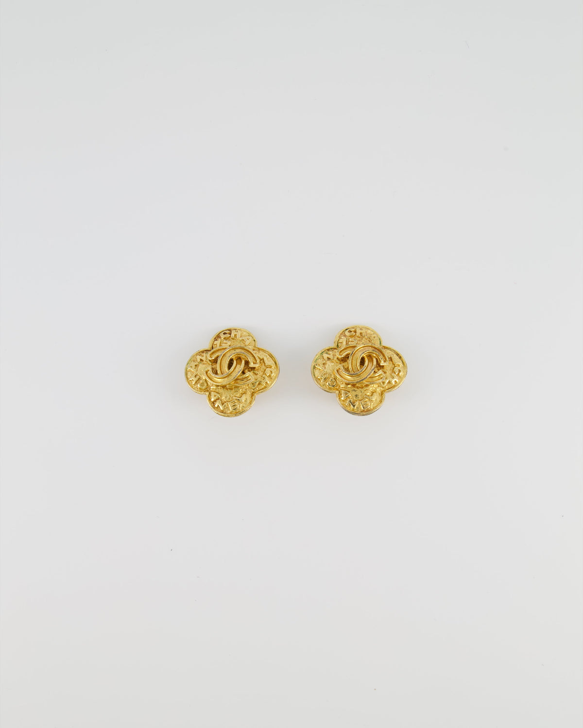 Chanel Vintage Yellow Gold Flower with CC and Chanel Logo Detail Clip-On Earrings