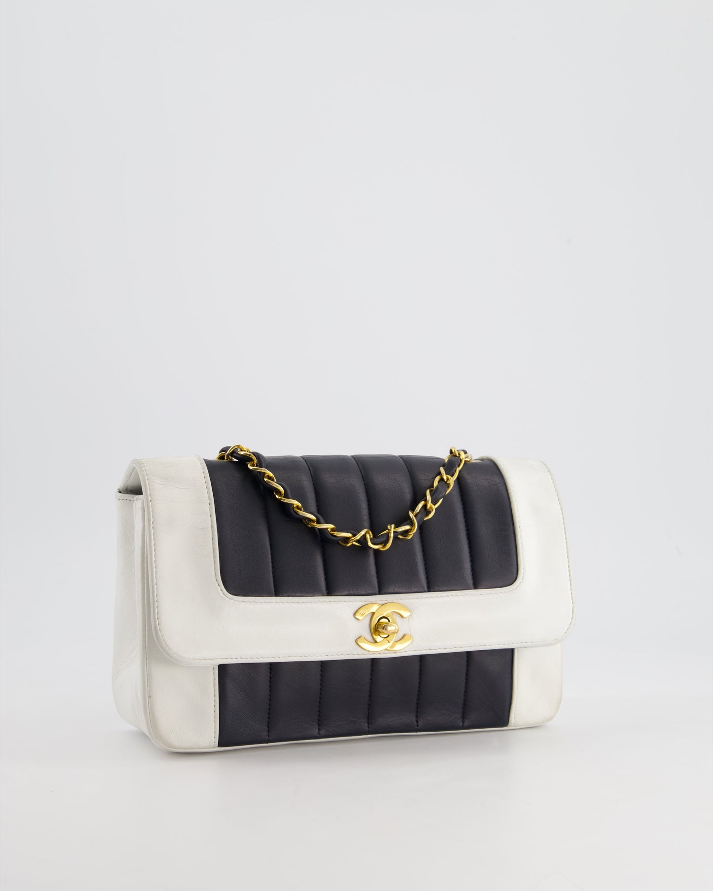 Chanel Black, White Vintage Mademoiselle Single Flap Bag in Lambskin Leather with 24K Gold Plated Hardware