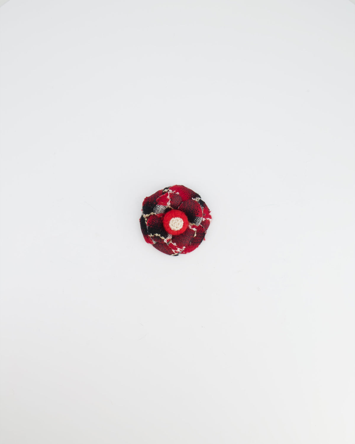 Chanel Red Camelia Wool Brooch with Black and White Embroidered Details
