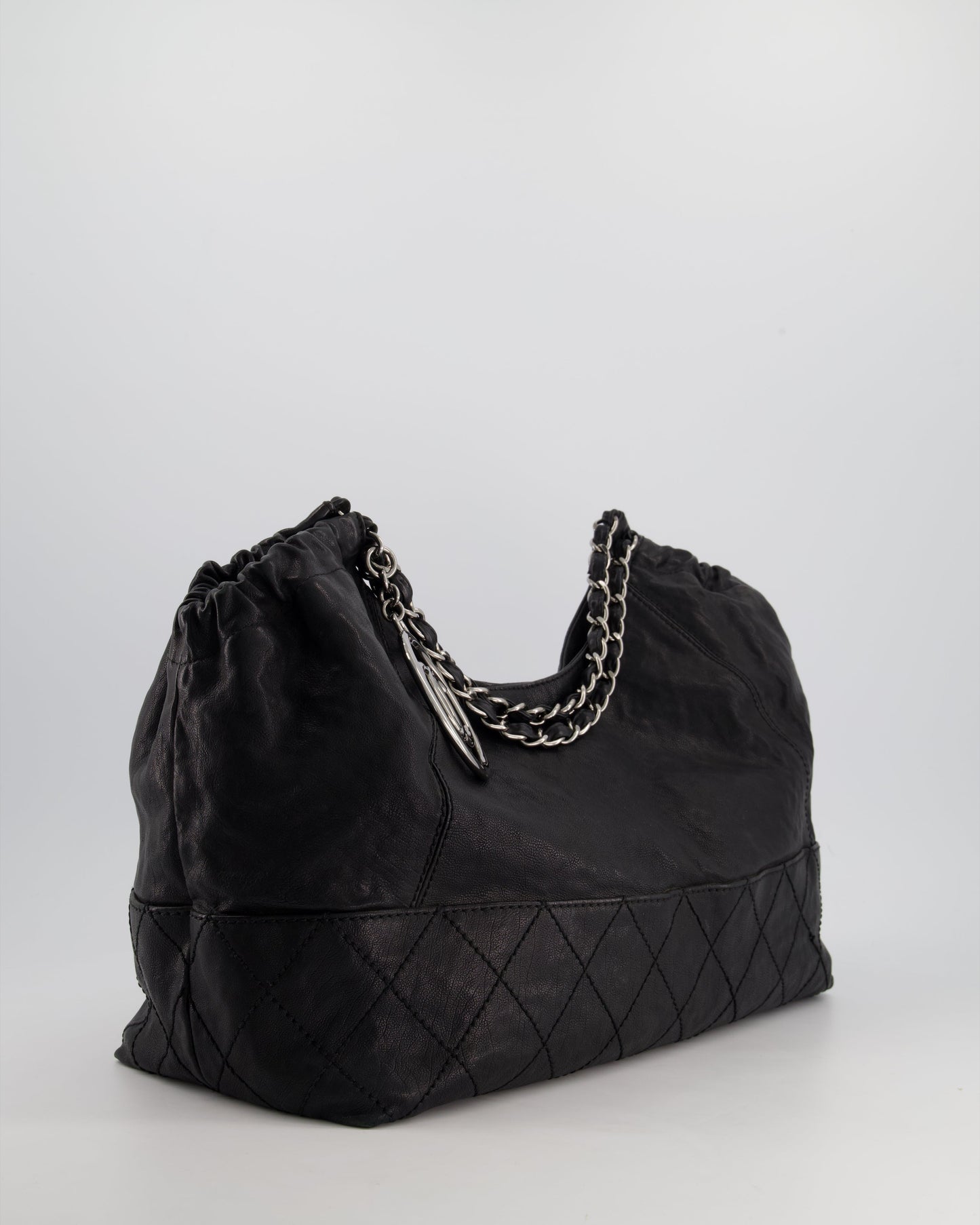 Chanel Black Aged Calfskin Leather Shopper Tote Bag with Silver Metal CC Charm