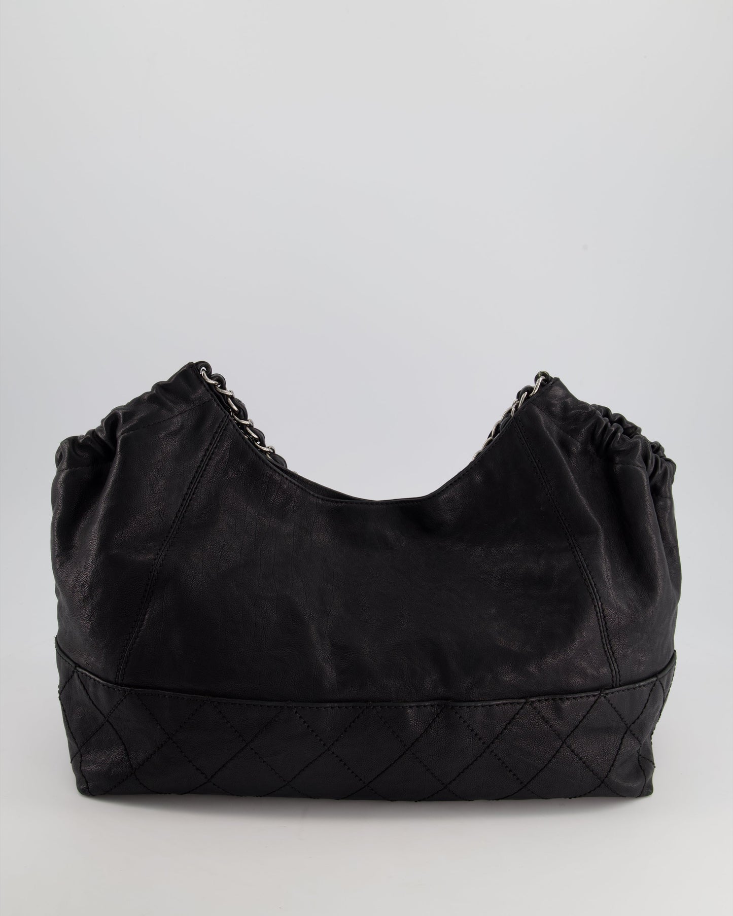 Chanel Black Aged Calfskin Leather Shopper Tote Bag with Silver Metal CC Charm