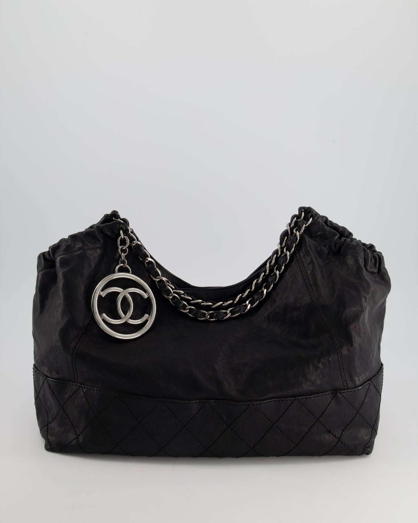 Chanel Black Aged Calfskin Leather Shopper Tote Bag with Silver Metal CC Charm
