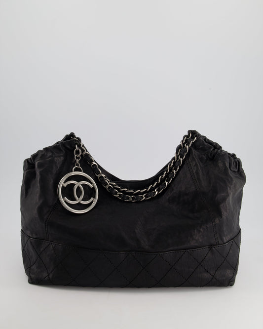 Chanel Black Aged Calfskin Leather Shopper Tote Bag with Silver Metal CC Charm