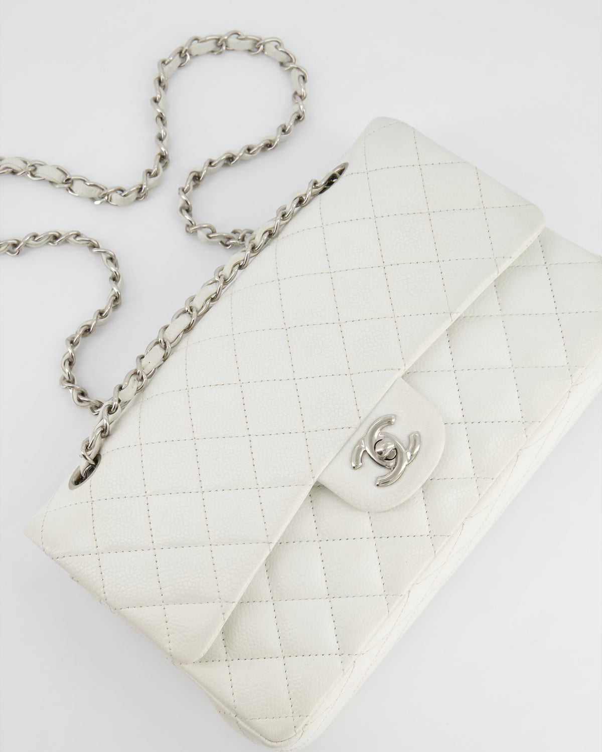 Chanel White Medium Classic Double Flap in Caviar Leather with Silver Hardware RRP ¬£8,890