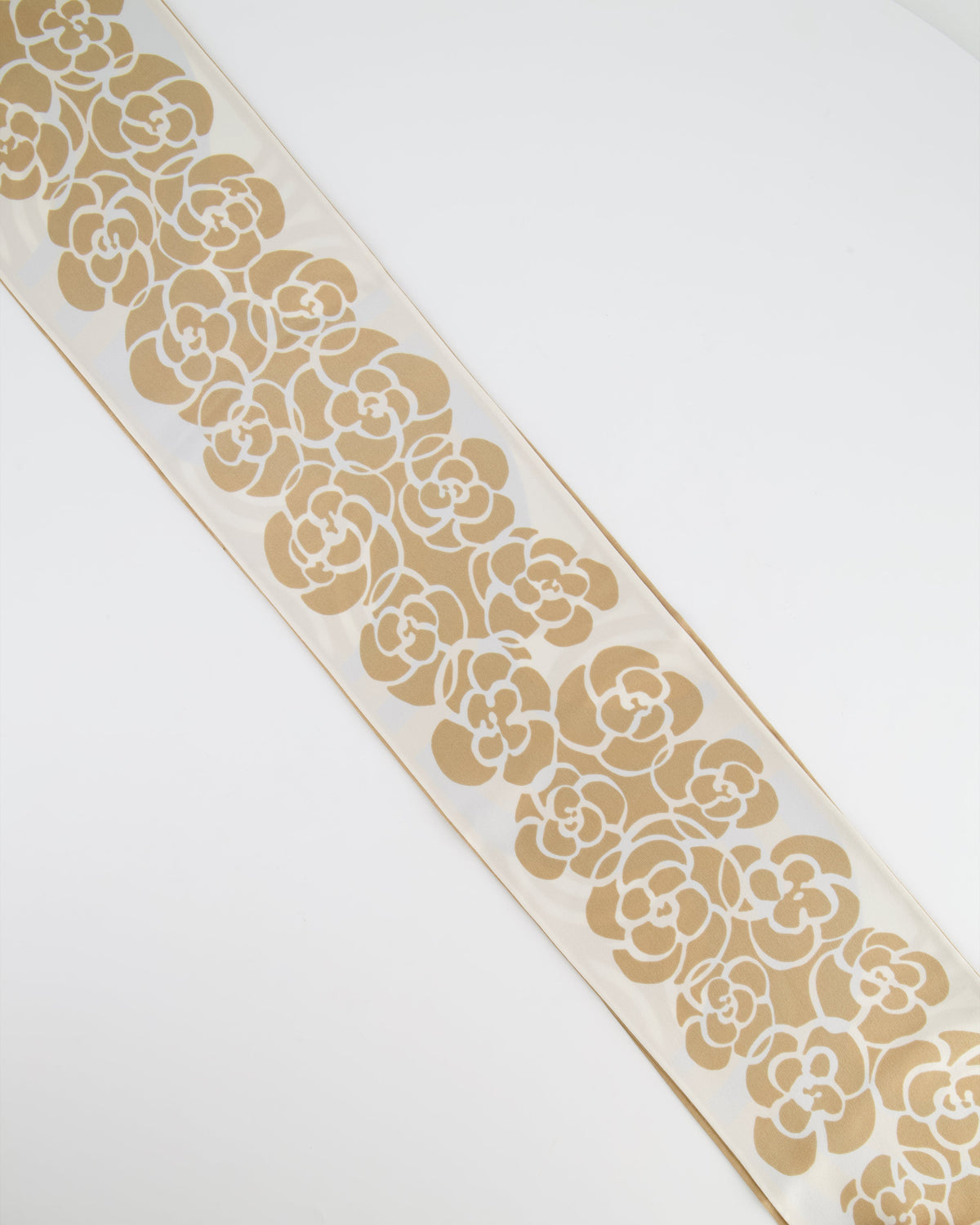 Chanel Gold, Cream and Blue Silk Camelia Printed Scarf