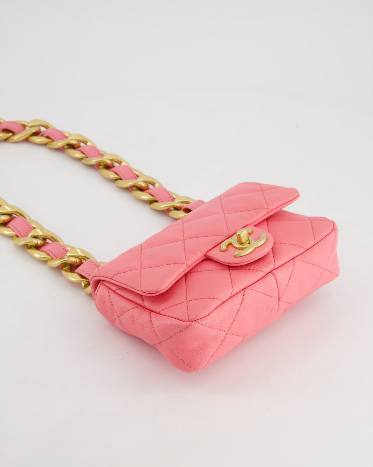 Chanel Pink Mini Flap Bag With Large Chain Brushed Gold Hardware