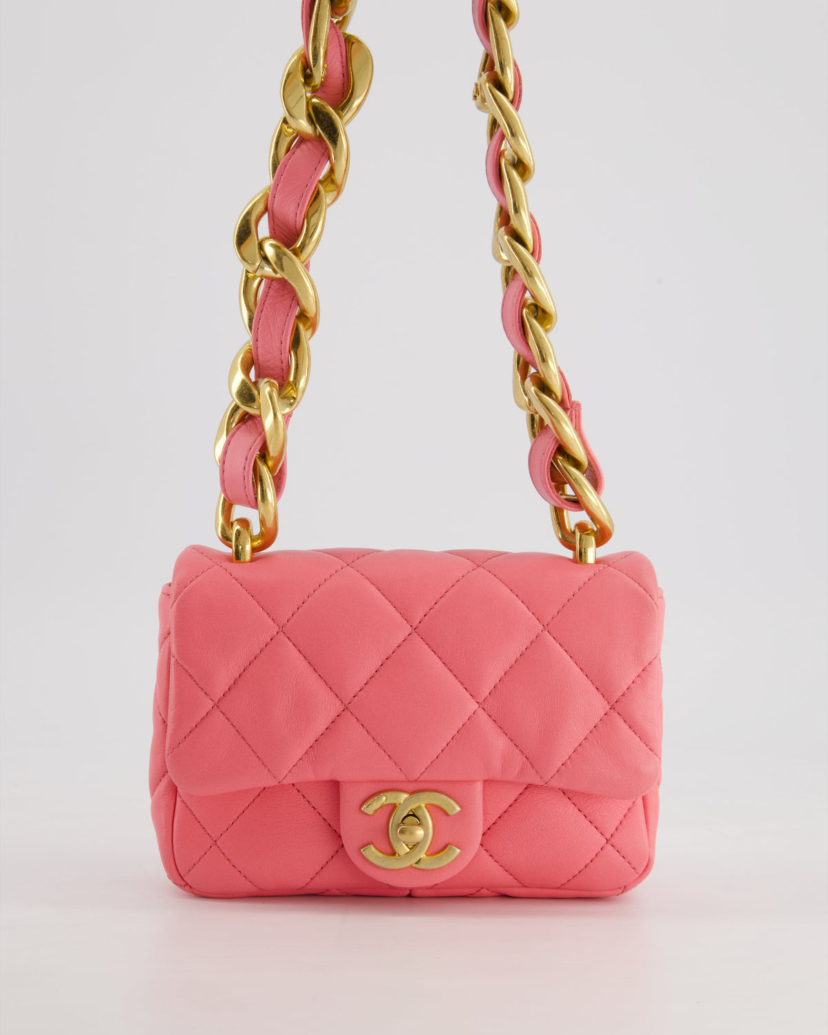 Chanel Pink Mini Flap Bag With Large Chain Brushed Gold Hardware