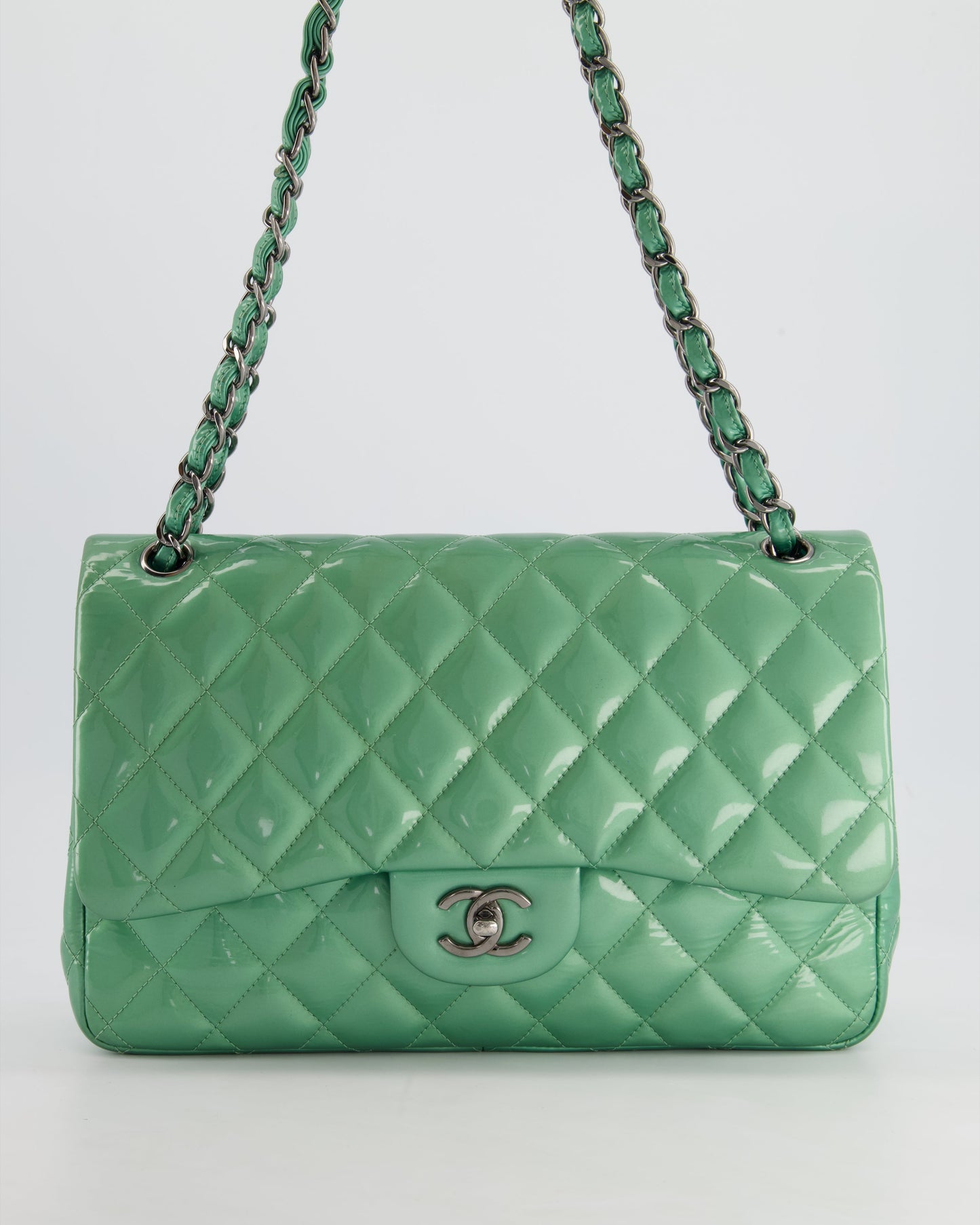 *FIRE PRICE* Chanel Mint Green Classic Jumbo Double Flap Bag in Patent Leather with Gunmetal Hardware RRP £9,940