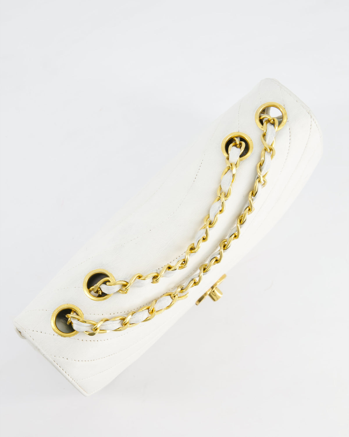 Chanel White Half Moon Curve Flap Vintage Quilted Bag With 24k Gold Hardware
