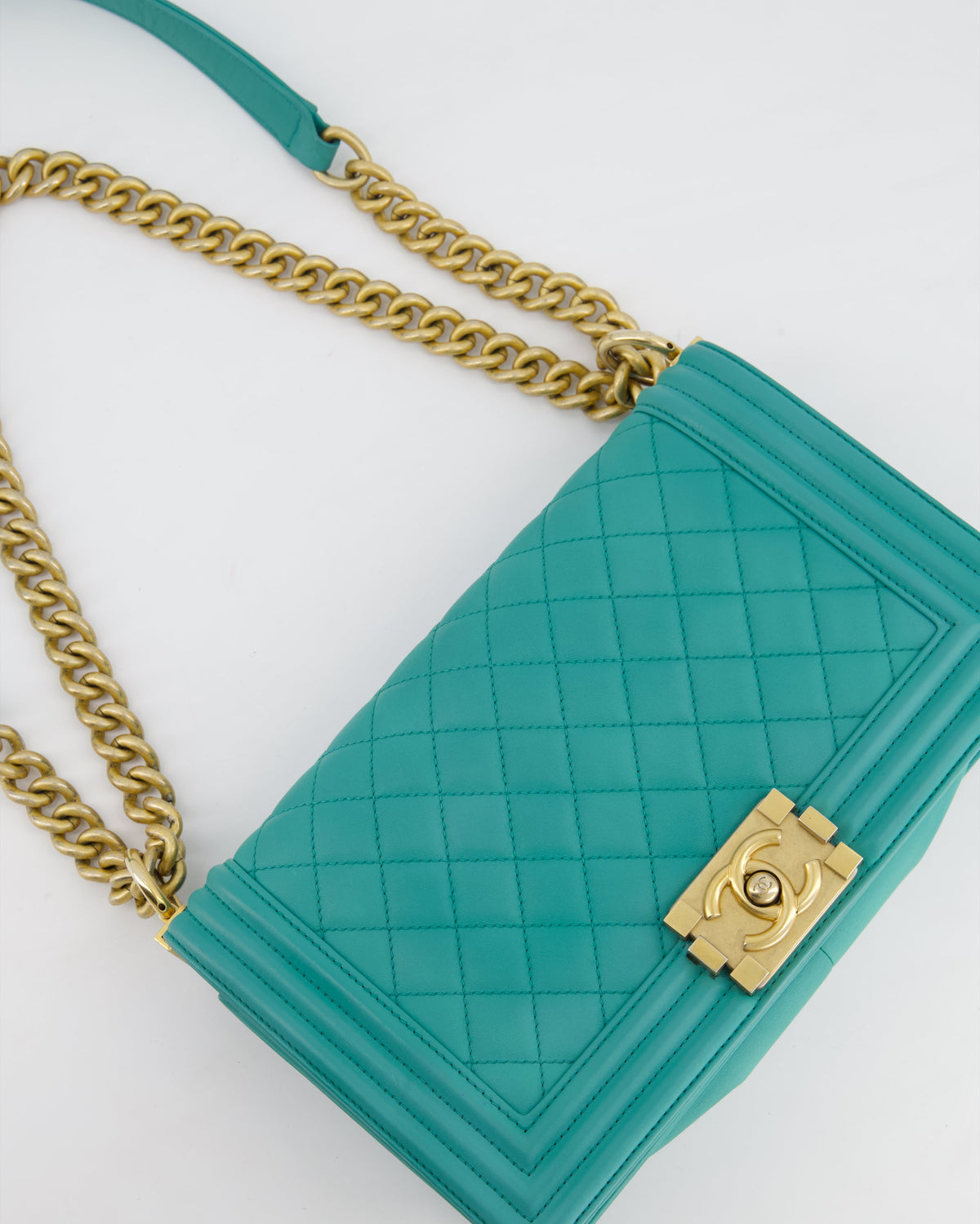 Chanel Teal Lambskin Leather Medium Boy Bag With Brushed Gold Hardware