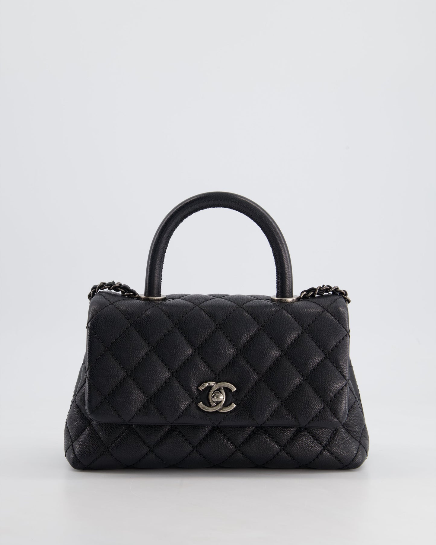 *FIRE PRICE* Chanel Black Small Caviar Quilted Coco Handle Flap Bag with Black Calfskin Handle and Ruthenium Hardware