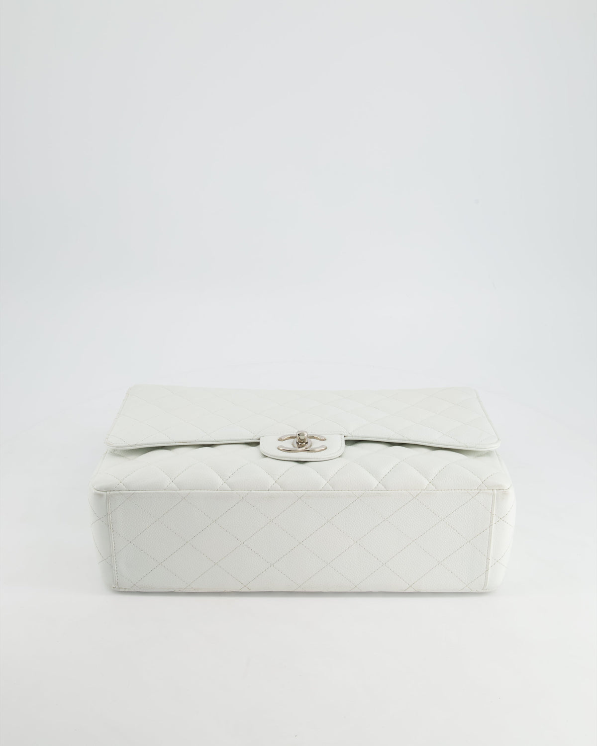 Chanel White Classic Maxi Double Flap Bag in Caviar Leather with Silver Hardware