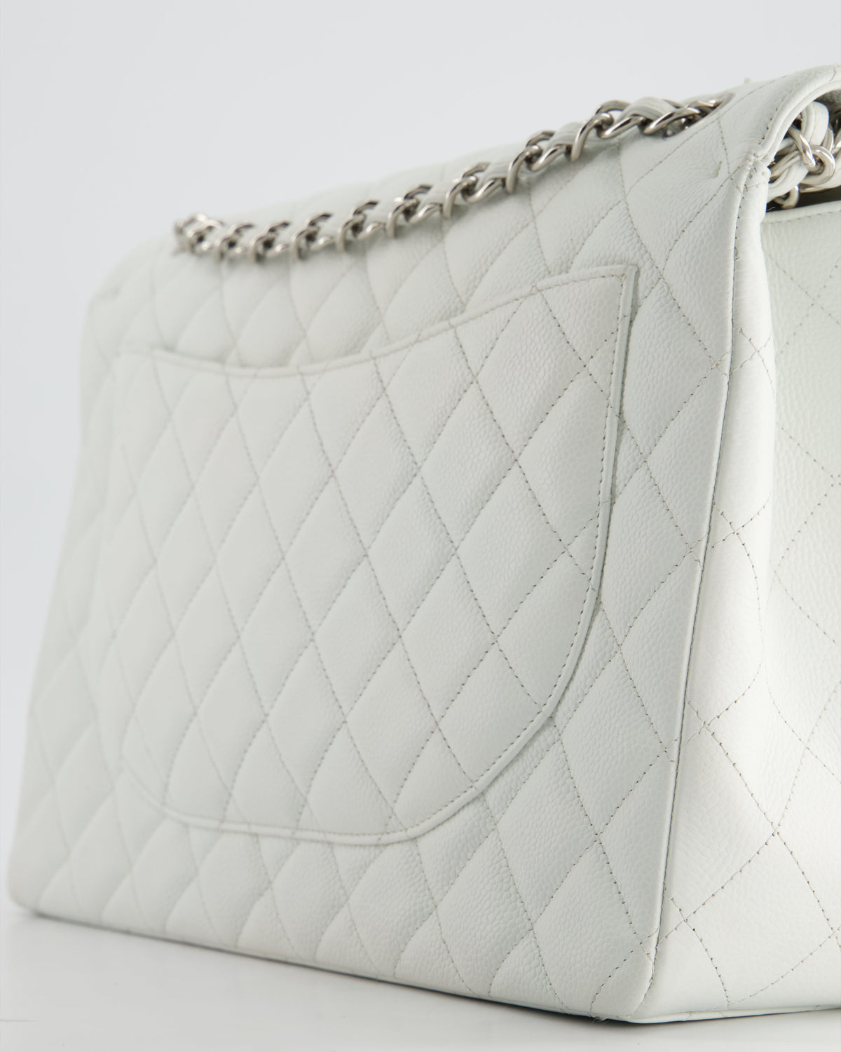 Chanel White Classic Maxi Double Flap Bag in Caviar Leather with Silver Hardware