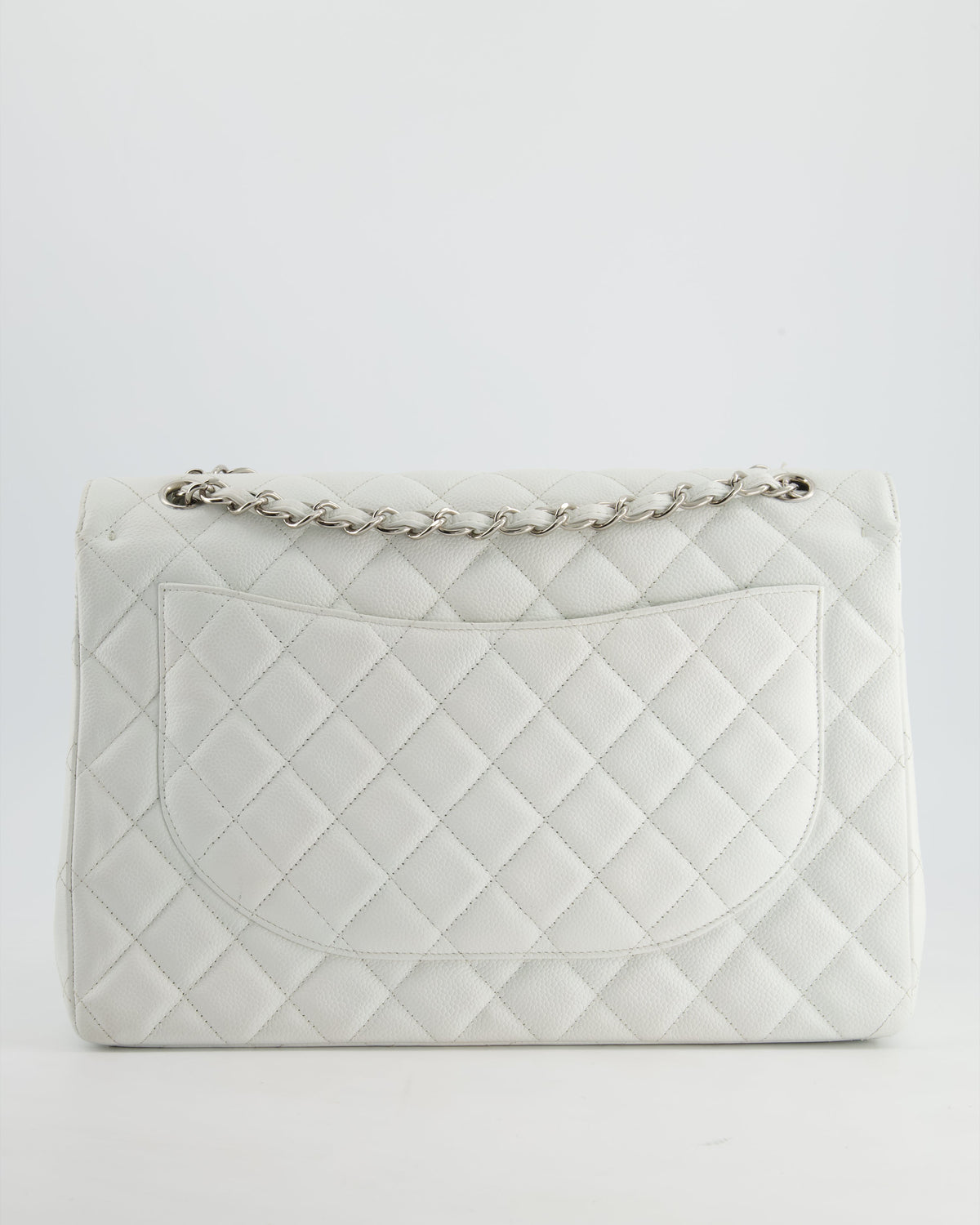 Chanel White Classic Maxi Double Flap Bag in Caviar Leather with Silver Hardware