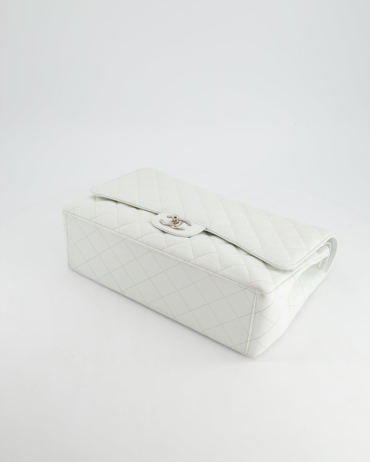 Chanel White Classic Maxi Double Flap Bag in Caviar Leather with Silver Hardware