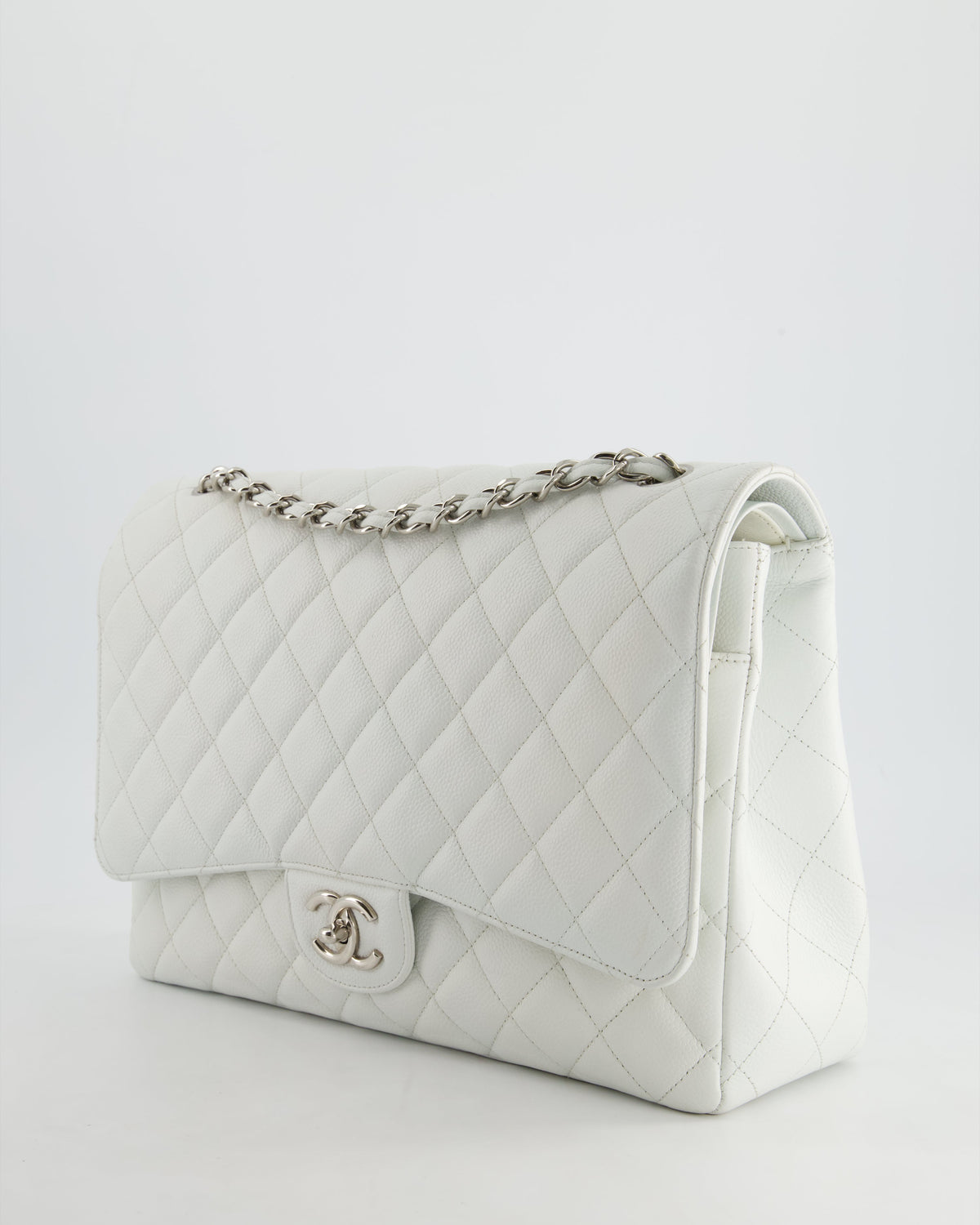 Chanel White Classic Maxi Double Flap Bag in Caviar Leather with Silver Hardware