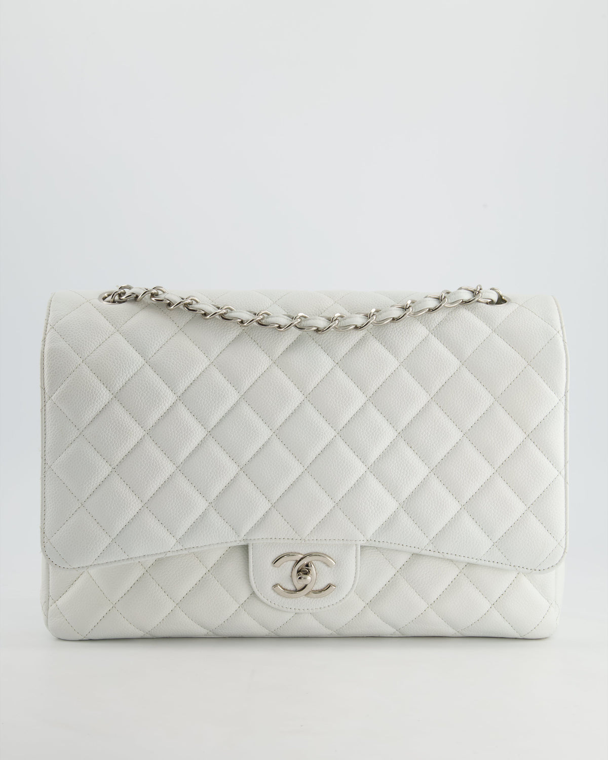 Chanel White Classic Maxi Double Flap Bag in Caviar Leather with Silver Hardware