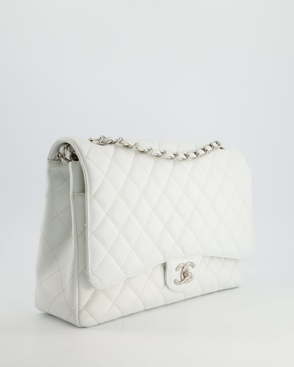 Chanel White Classic Maxi Double Flap Bag in Caviar Leather with Silver Hardware