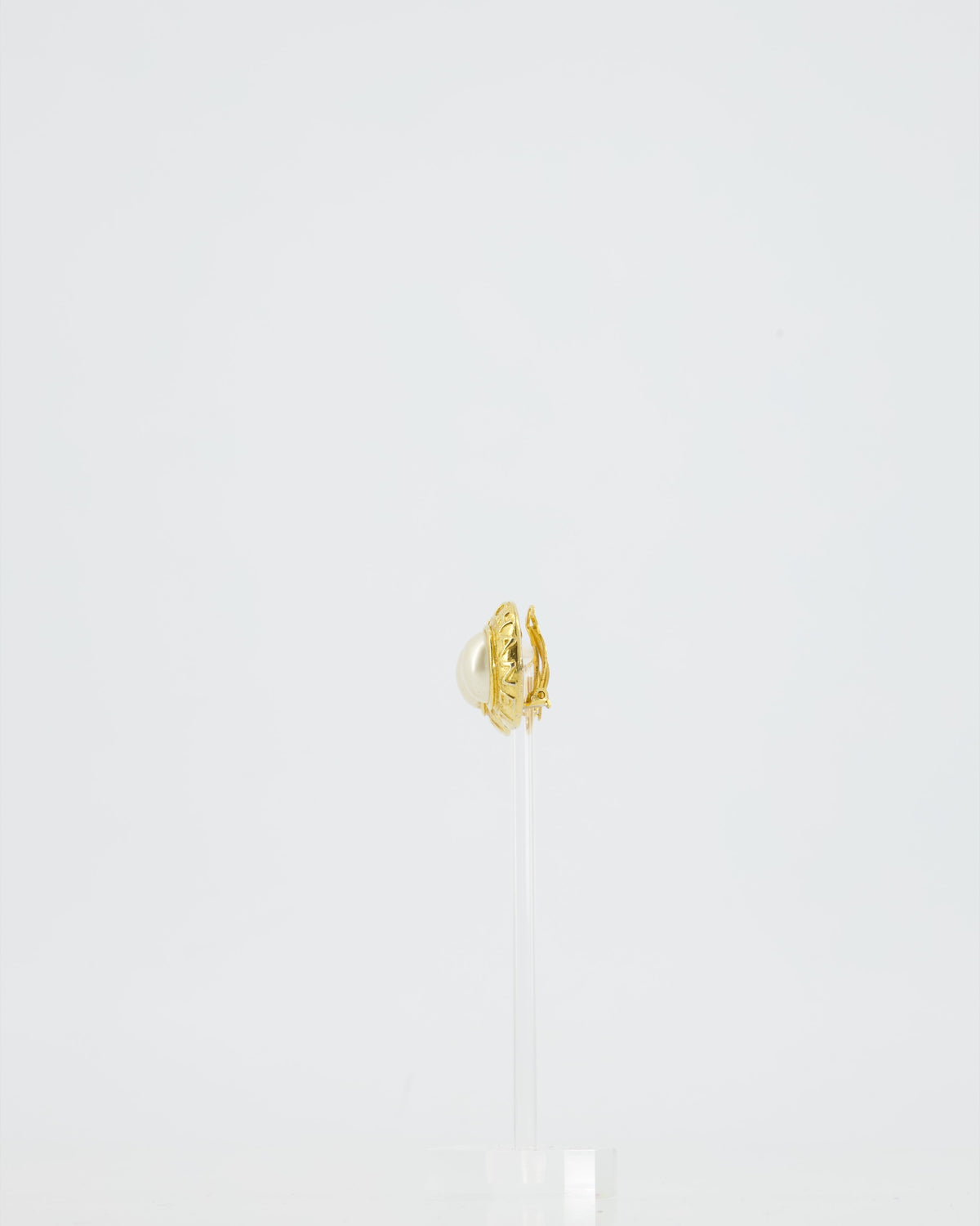 Chanel Vintage Gold Round Logo with Pearl Clip-On Earrings
