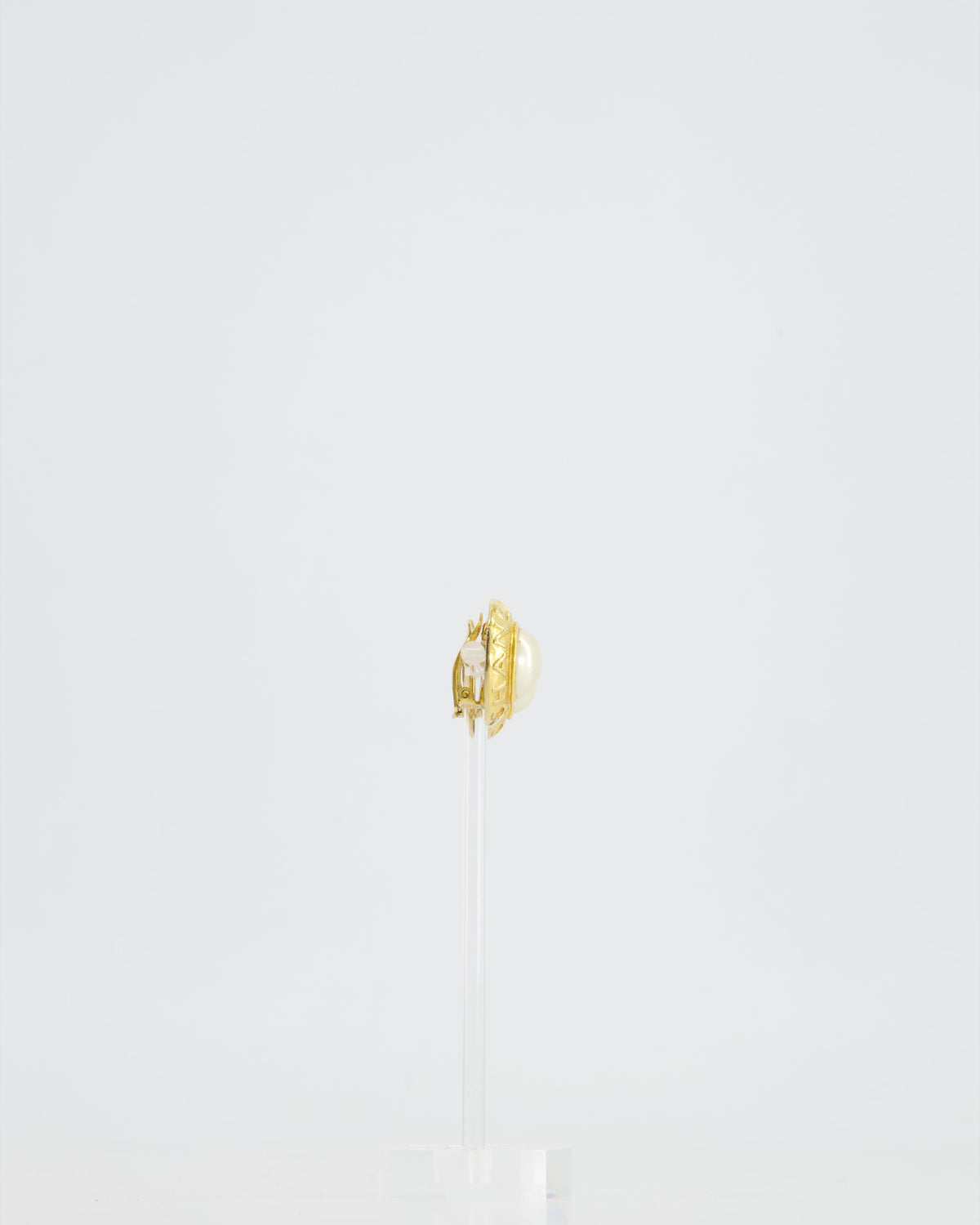 Chanel Vintage Gold Round Logo with Pearl Clip-On Earrings