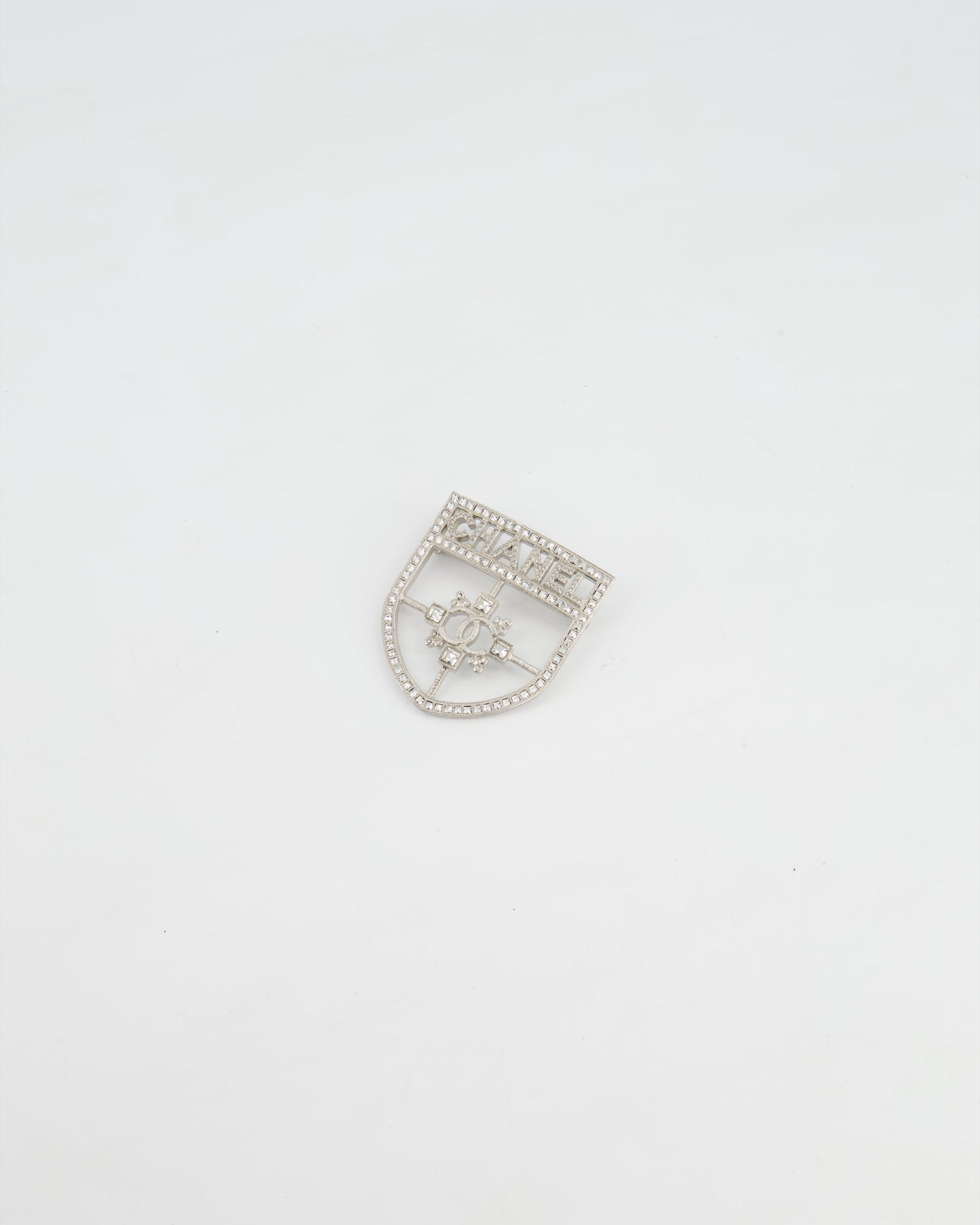 *HOT* Chanel Silver Crystal Large Brooch with CC and Logo Details