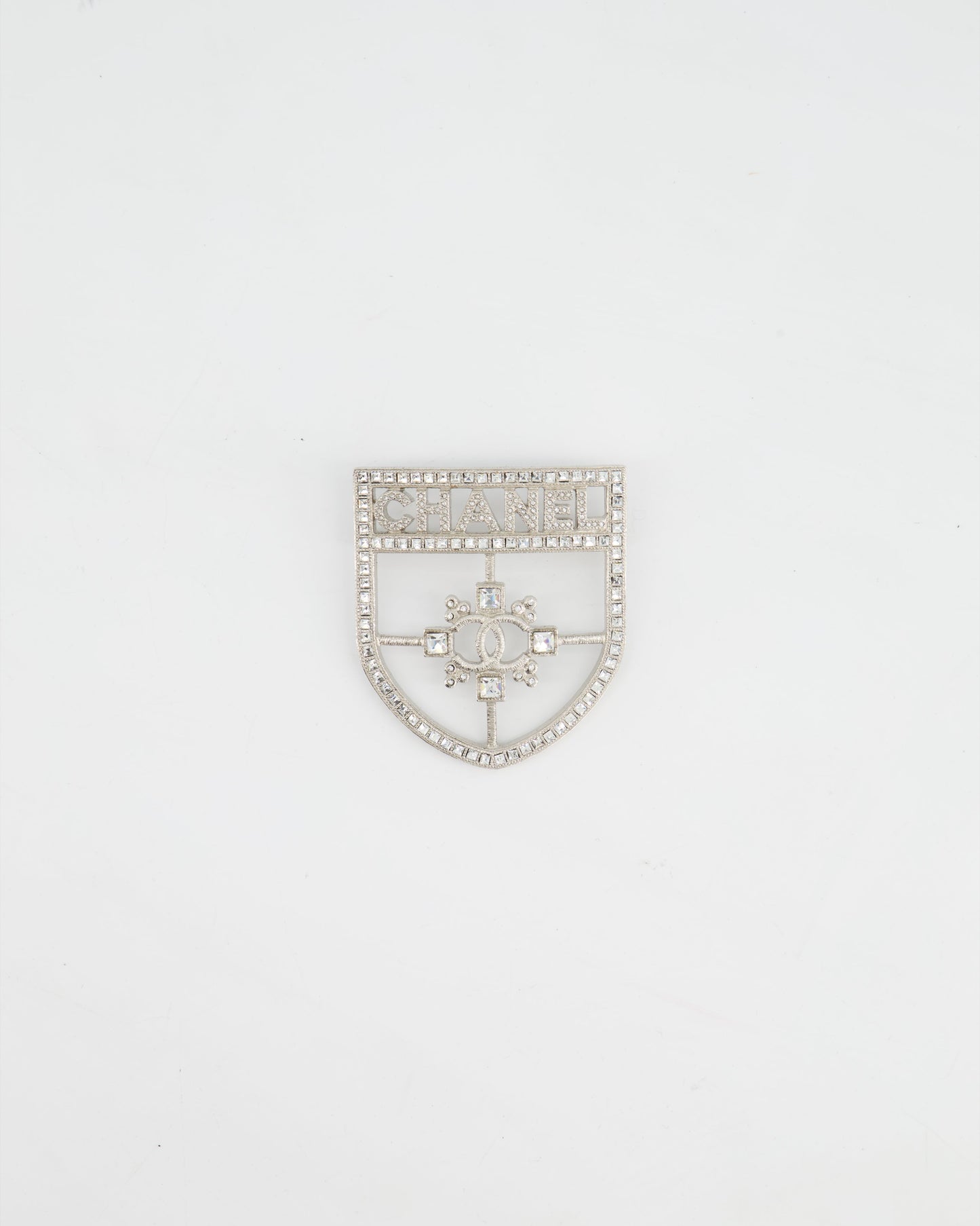 *HOT* Chanel Silver Crystal Large Brooch with CC and Logo Details