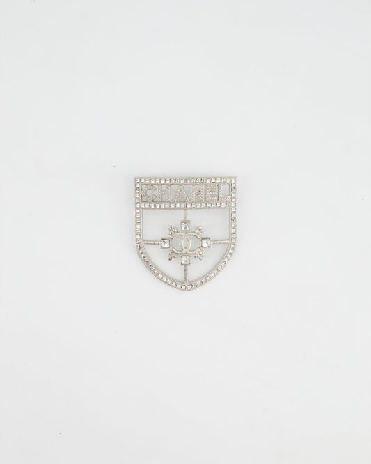*HOT* Chanel Silver Crystal Large Brooch with CC and Logo Details