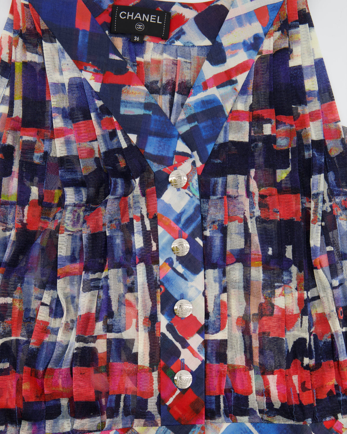Chanel Multicolour Printed Silk Sleeveless Top with Silver CC Buttons Size FR 36 (UK 8)