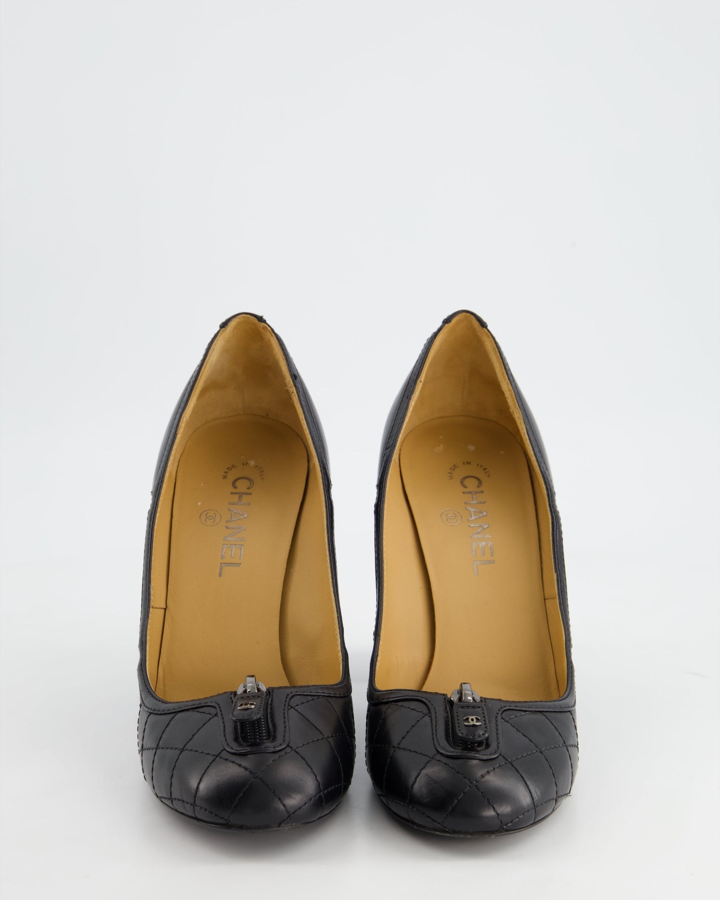 *FIRE PRICE* Chanel Black Round Toe Heels with Quilted Leather & Zip Details Size EU 40.5