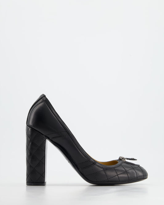 *FIRE PRICE* Chanel Black Round Toe Heels with Quilted Leather & Zip Details Size EU 40.5