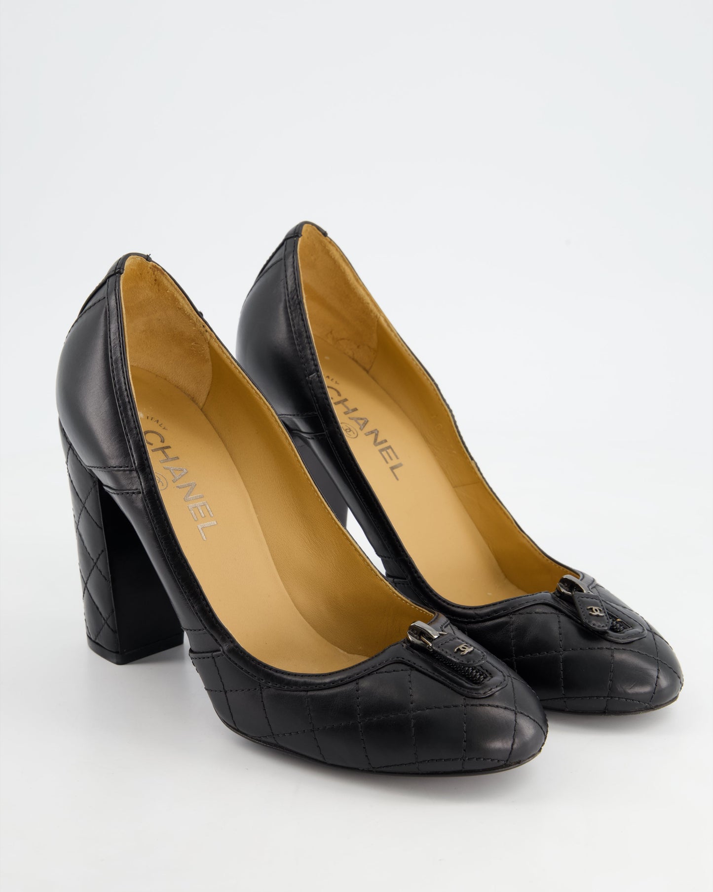 *FIRE PRICE* Chanel Black Round Toe Heels with Quilted Leather & Zip Details Size EU 40.5