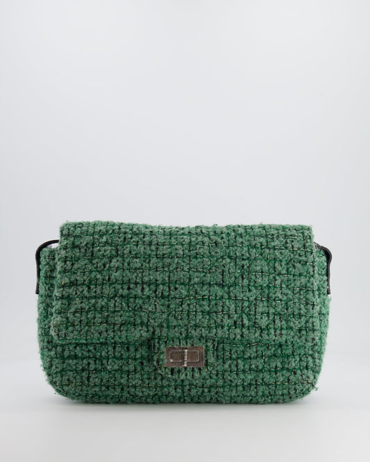 *FIRE PRICE* Chanel Green Tweed 2.55 Large Crossbody Bag with Ruthenium Hardware