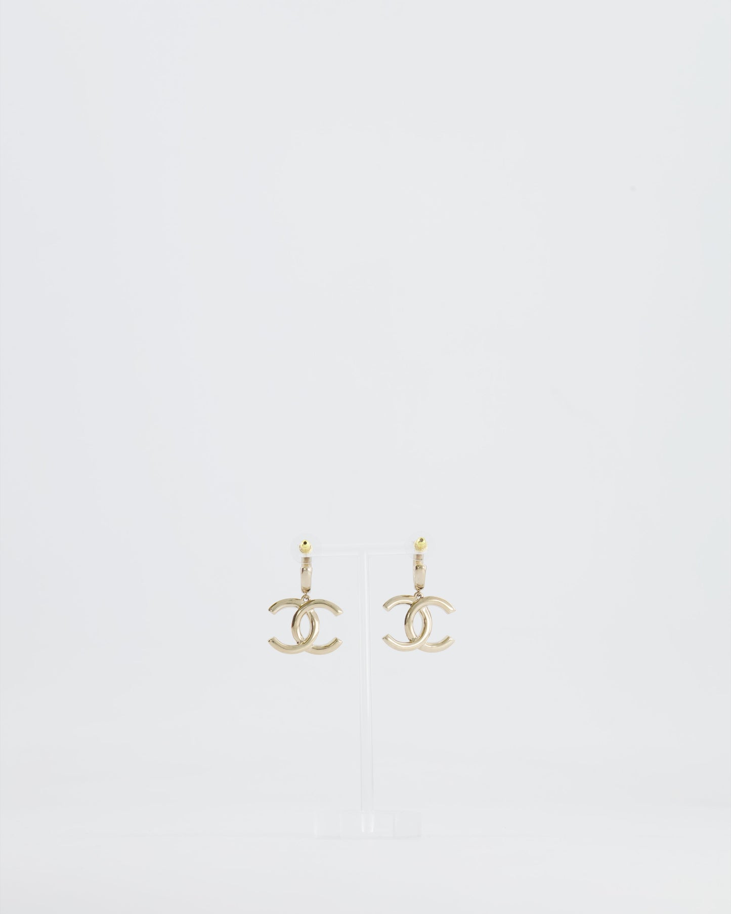 Chanel Champagne Gold CC Logo Pendant Earrings, Black and White Enamel