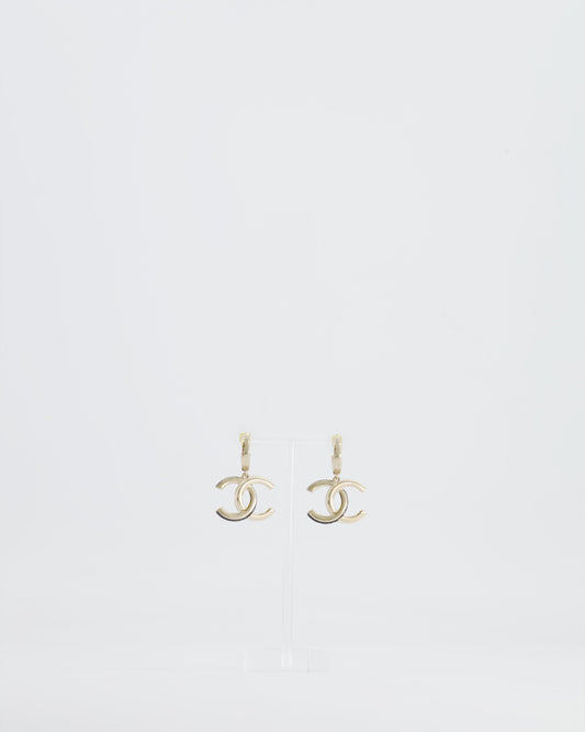 Chanel Champagne Gold CC Logo Pendant Earrings, Black and White Enamel