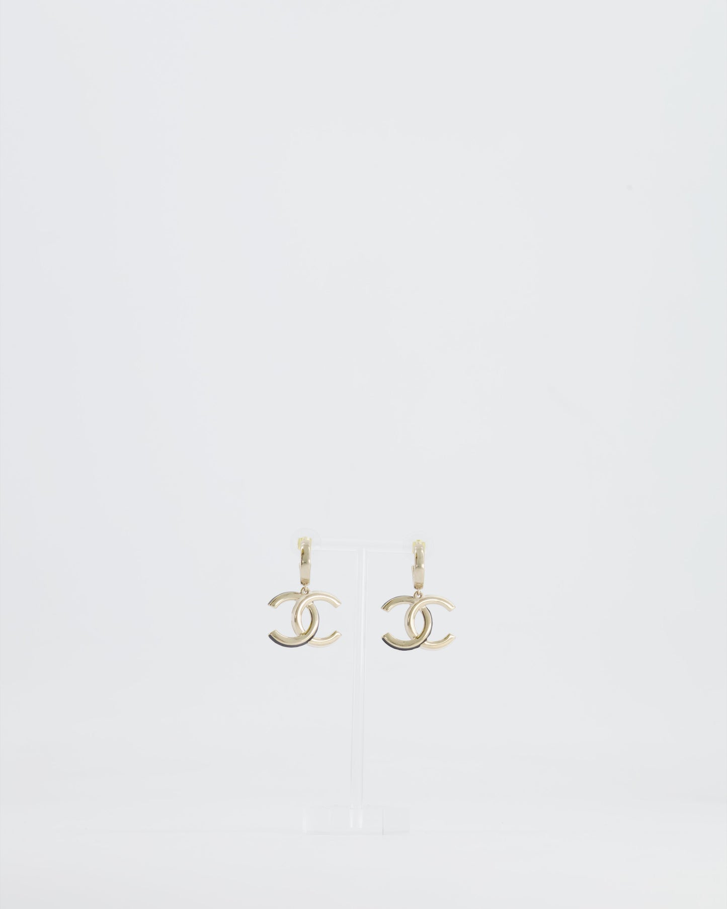 Chanel Champagne Gold CC Logo Pendant Earrings, Black and White Enamel