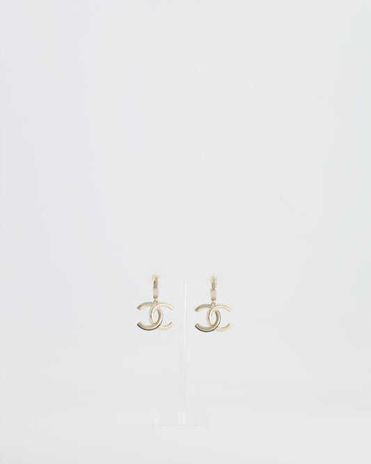 Chanel Champagne Gold CC Logo Pendant Earrings, Black and White Enamel