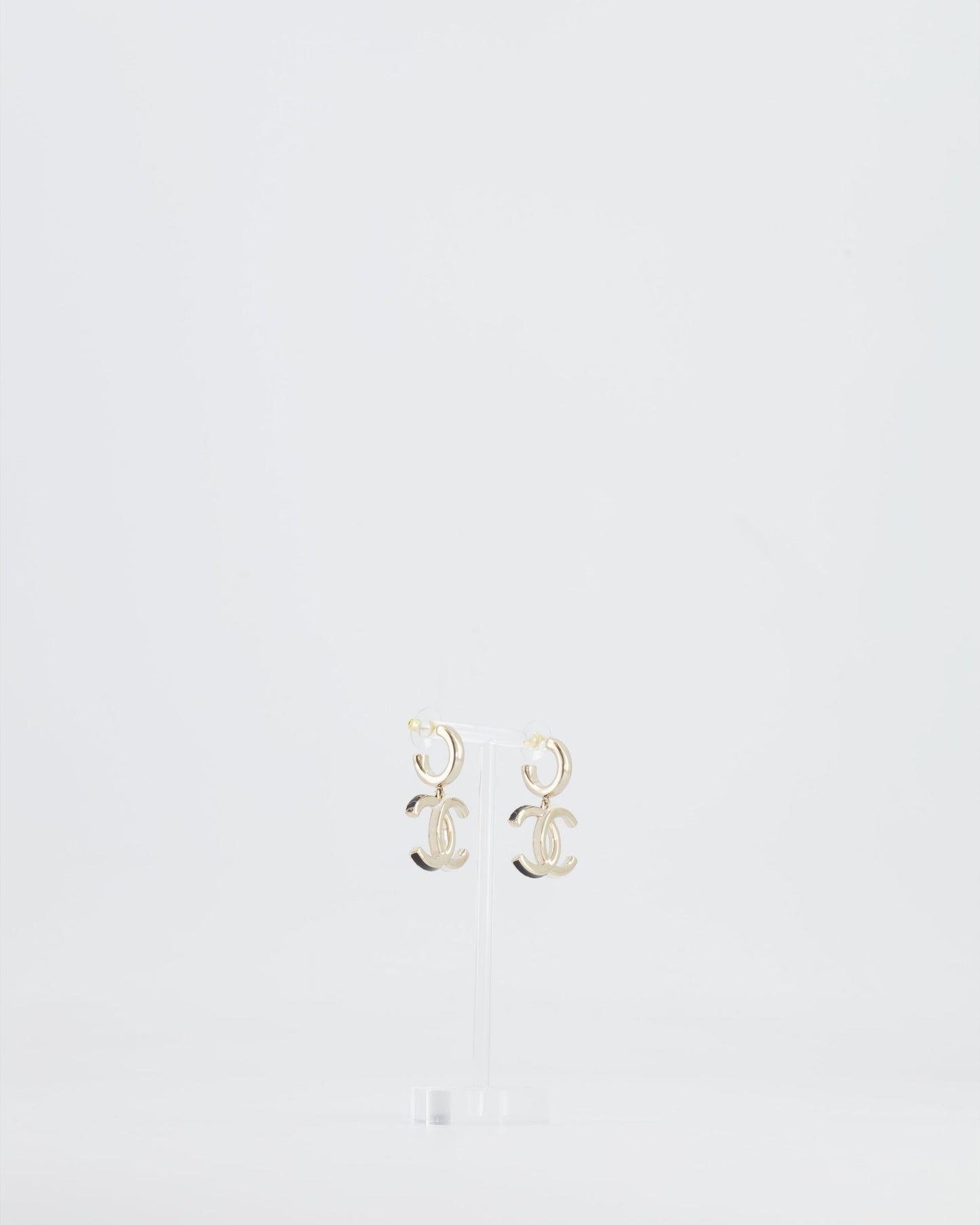 Chanel Champagne Gold CC Logo Pendant Earrings, Black and White Enamel