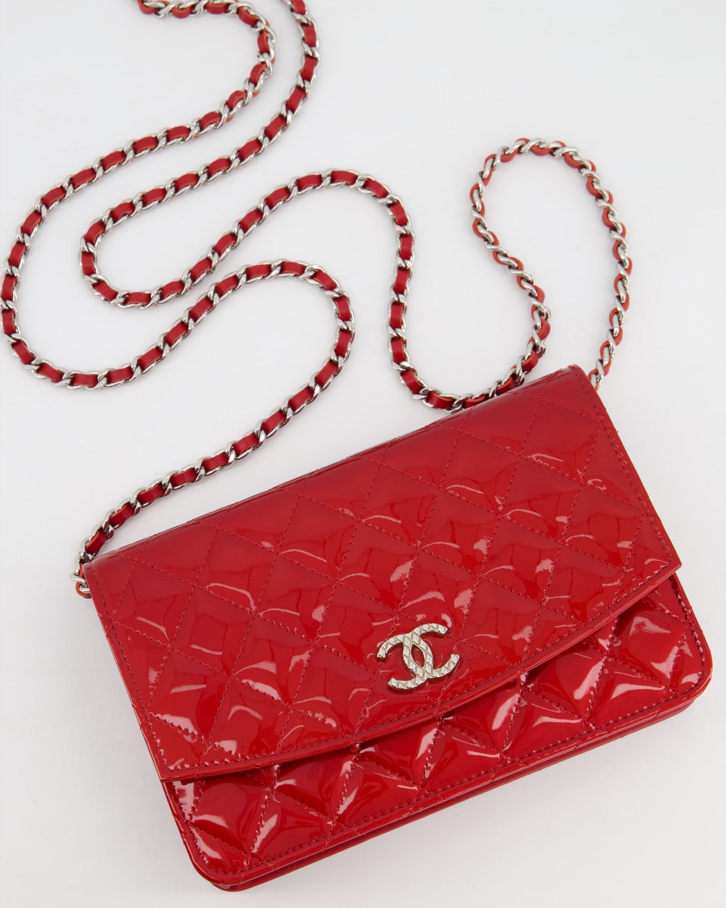 Chanel Red Metallic Wallet on Chain Bag in Patent Leather with Silver Hardware