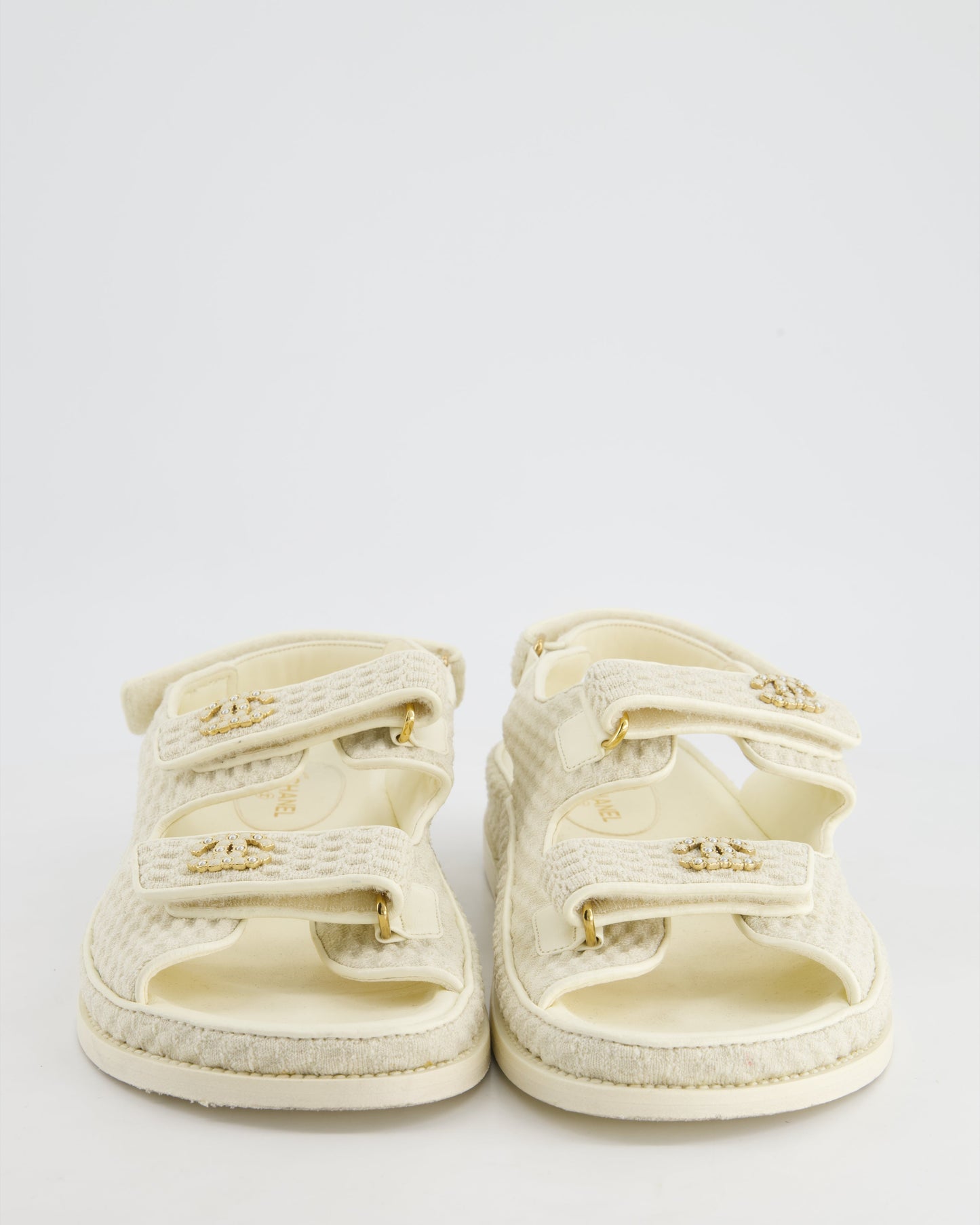 Chanel Cream Dad Sandals with White CC Pearls Logo Size EU 41.5