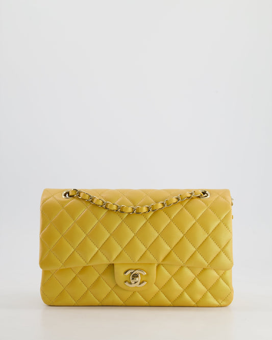 *HOT* Chanel Iridescent Mustard Yellow Medium Double Flap Bag in Lambskin Leather with Champagne Gold Hardware
