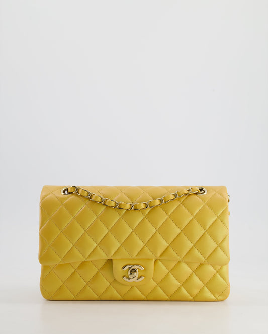 *HOT* Chanel Iridescent Mustard Yellow Medium Double Flap Bag in Lambskin Leather with Champagne Gold Hardware