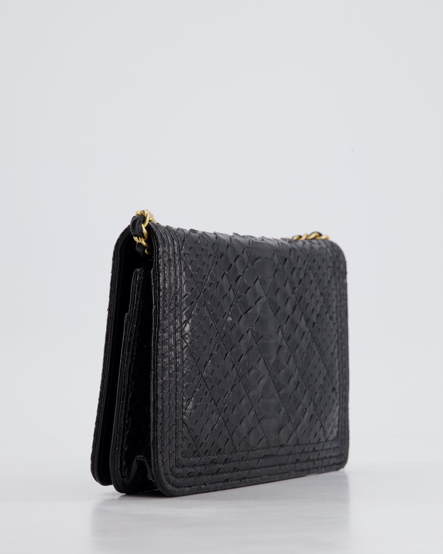 Chanel Black Python Boy Wallet on Chain Bag with Antique Gold Hardware