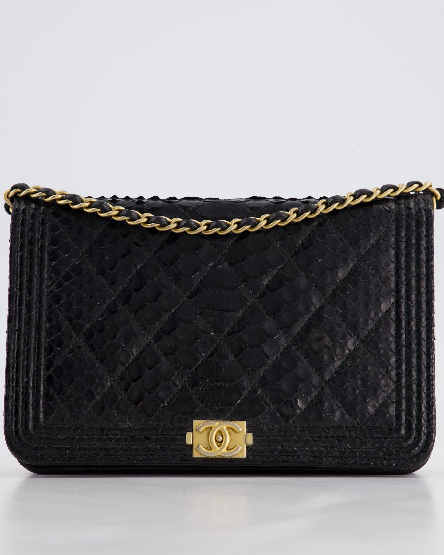 Chanel Black Python Boy Wallet on Chain Bag with Antique Gold Hardware