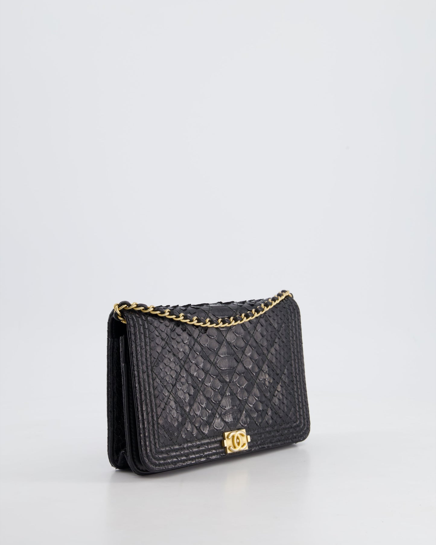 Chanel Black Python Boy Wallet on Chain Bag with Antique Gold Hardware