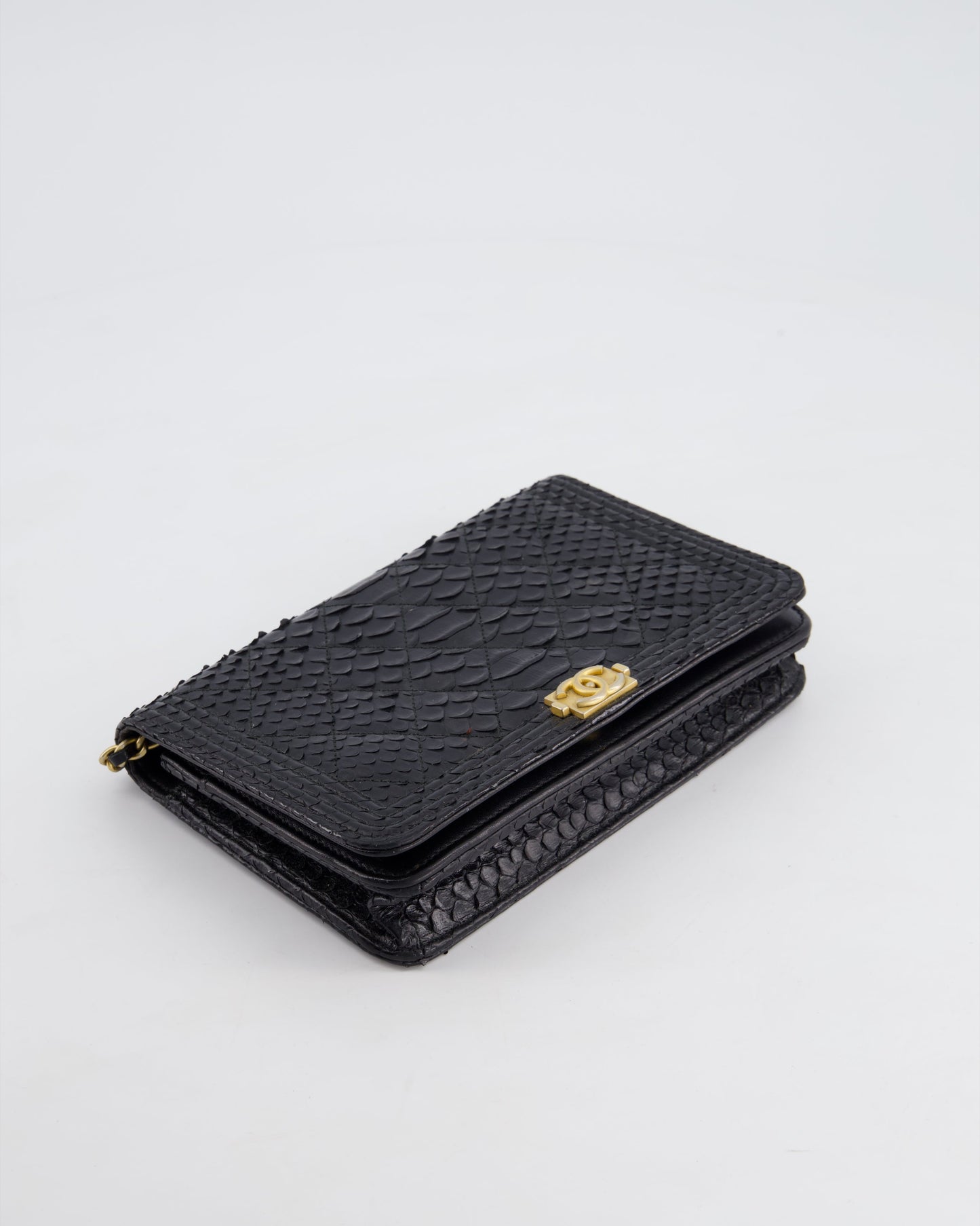 Chanel Black Python Boy Wallet on Chain Bag with Antique Gold Hardware