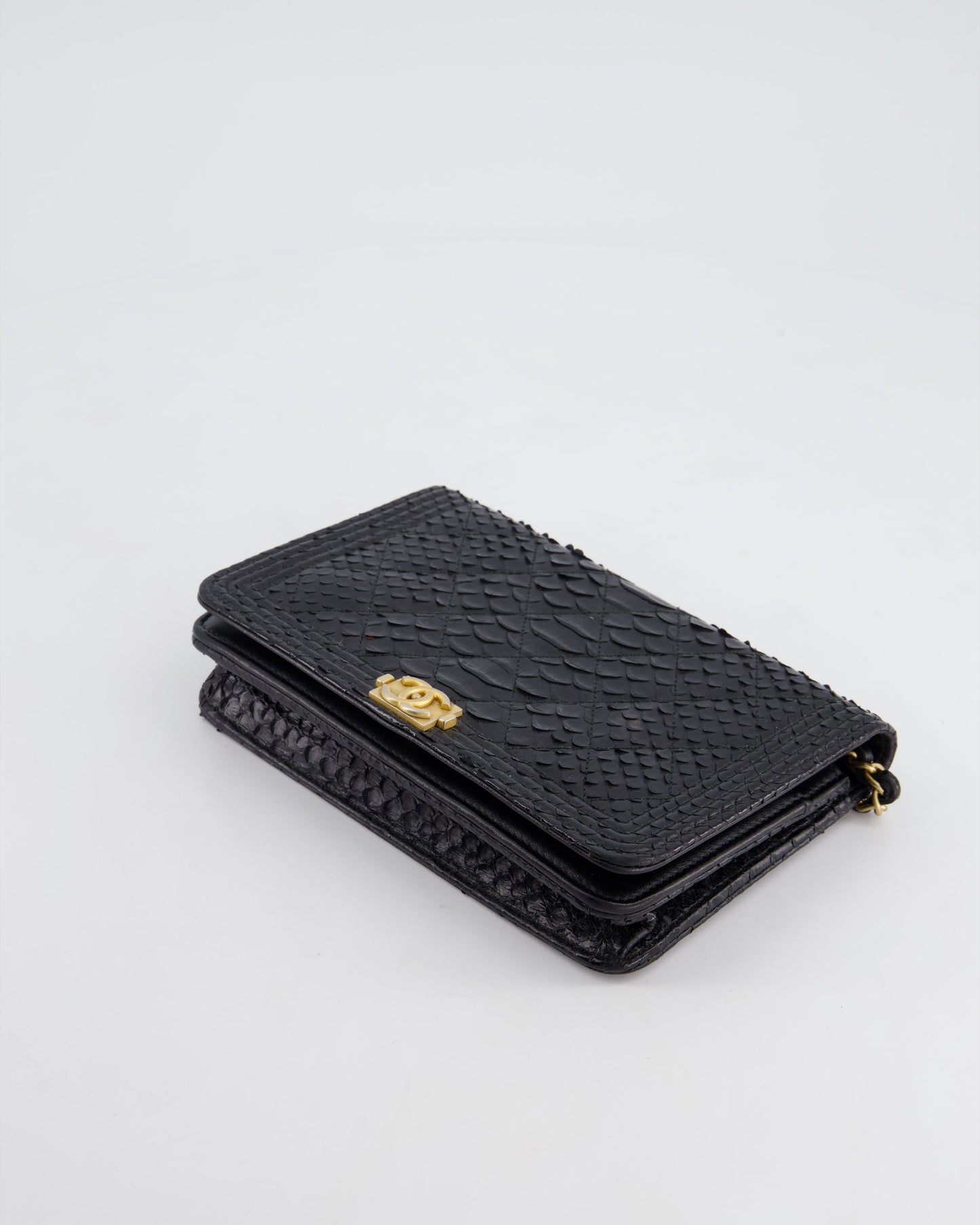 Chanel Black Python Boy Wallet on Chain Bag with Antique Gold Hardware