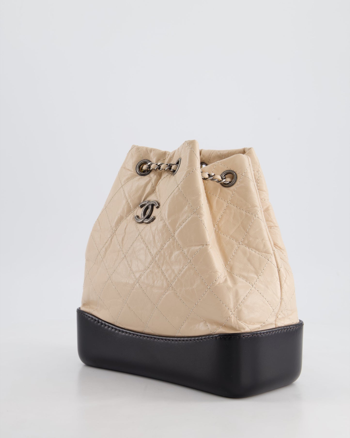 Chanel Nude, Black Mini Gabrielle Backpack in Aged Calfskin Leather with Ruthenium & Brushed Gold Hardware