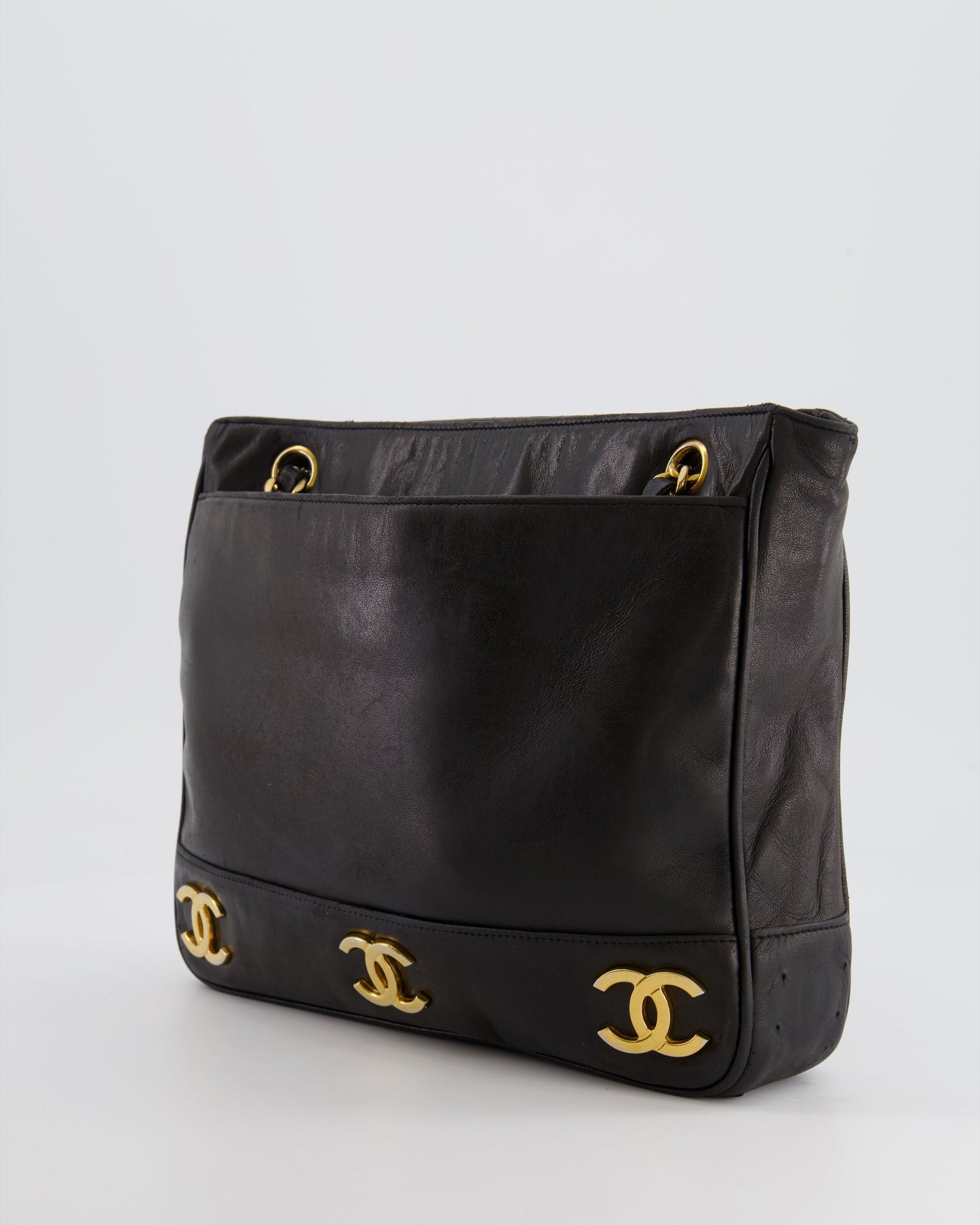 Chanel Vintage Black Small Tote Bag in Lambskin Leather with Gold CC Logos
