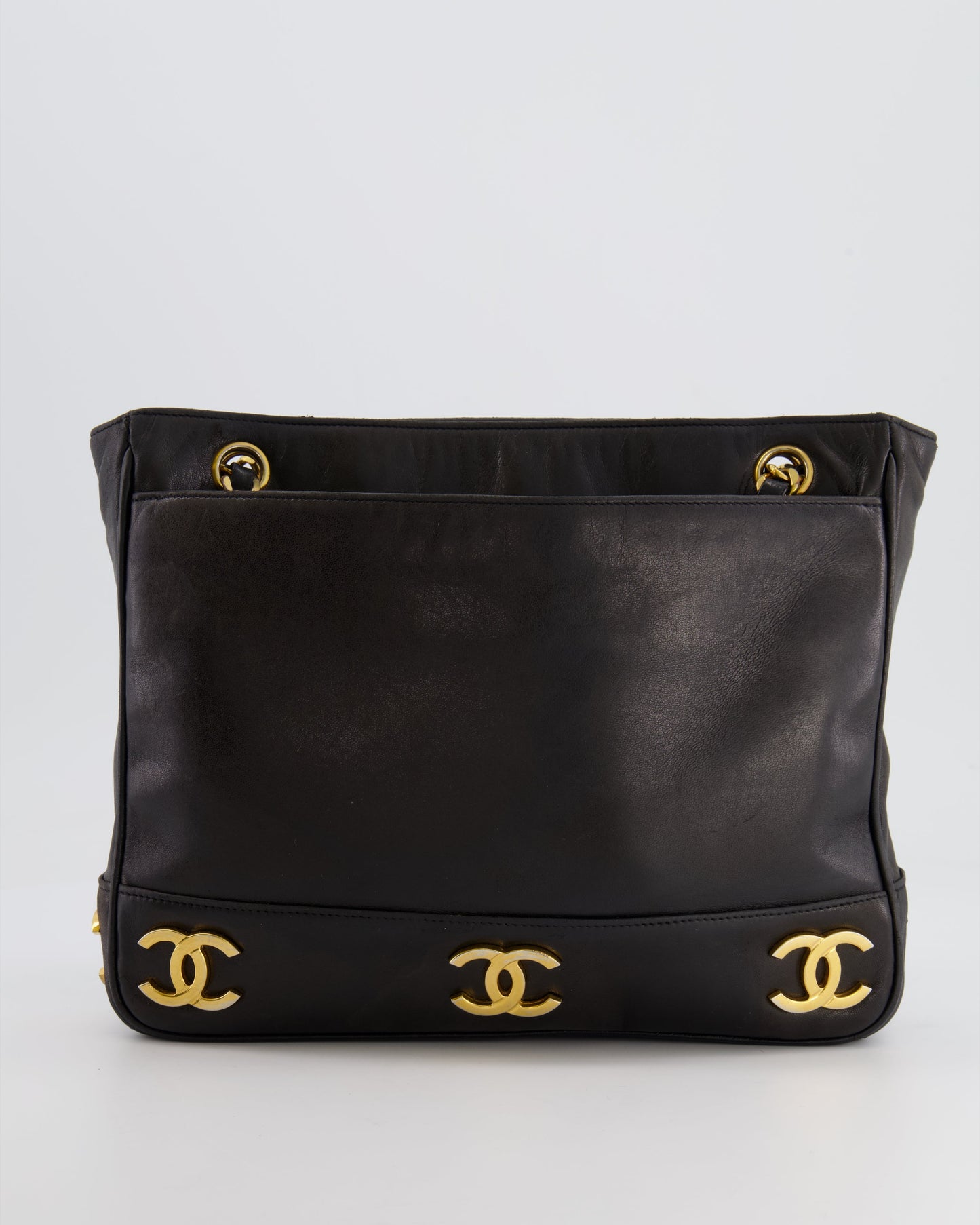 Chanel Vintage Black Small Tote Bag in Lambskin Leather with Gold CC Logos