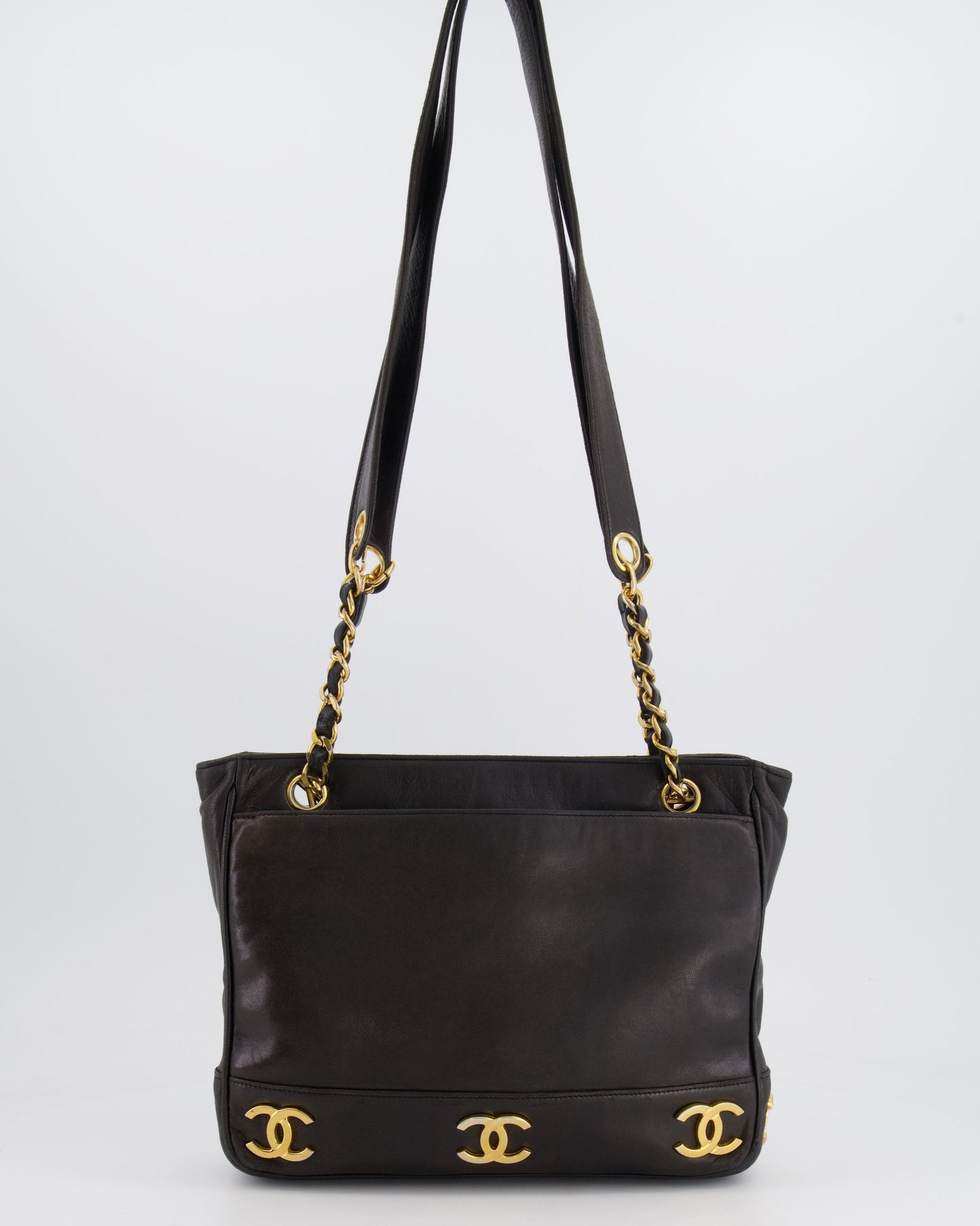 Chanel Vintage Black Small Tote Bag in Lambskin Leather with Gold CC Logos